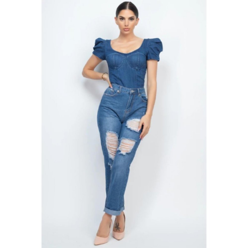 Women’s Blue Distressed Boyfriend Jeans